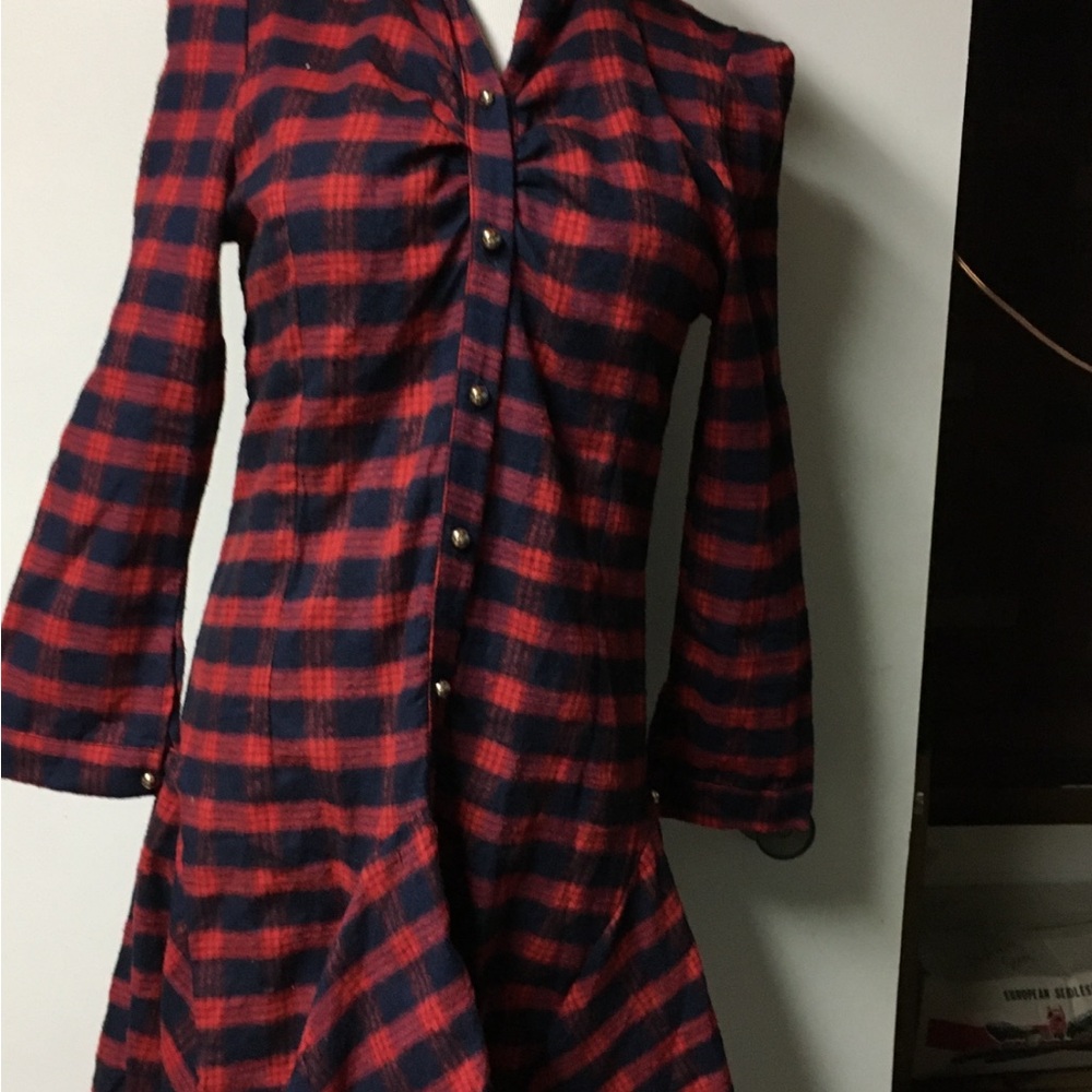 Size Medium Red and Navy Plaid Button-Up Dress